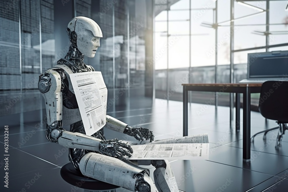 Poster paper artificial technology digital office document laptop hand ai robot. generative ai.