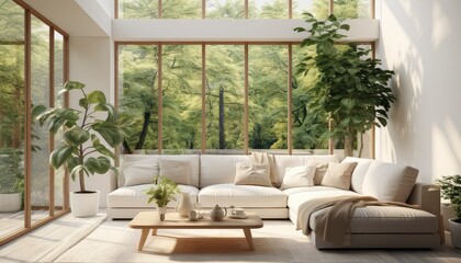 Well lighted flat interior with plants and couch,interior of living room with sofa and large window,Generative AI.