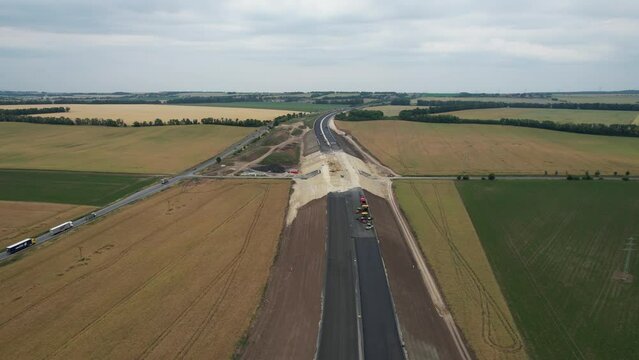 D7 motorway is a highway northwest from Prague to Chomutov and the German border,building of new highway by Louny city,speed road construction work with bridges and modern infrastructure,Czech-Europe