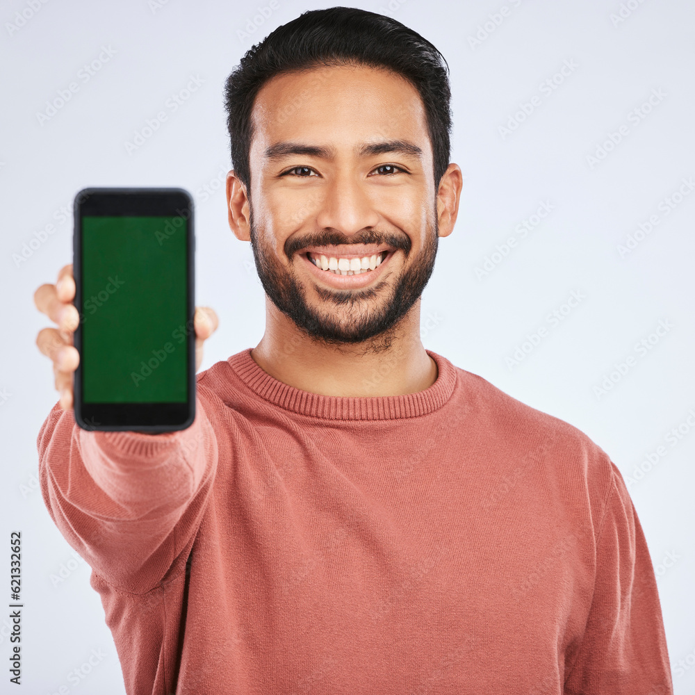 Poster phone, green screen and portrait of asian man with mockup for app, menu or checklist on grey backgro