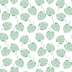 Watercolor monstera leaves seamless pattern. Tropical foliage art background vector illustration.