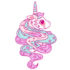 Cute magical unicorn is dreaming. Cute unicorn. Unicorn vector icon isolated on white. Head portrait horse sticker, patch badge. Cute magic cartoon fantasy cute animal. Horn and hair. Dream symbol
