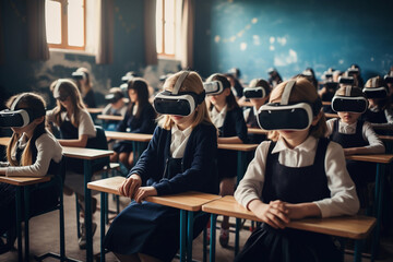 Interactive school concept of kids wearing VR virtual reality glasses. E-learning, education and learning concept