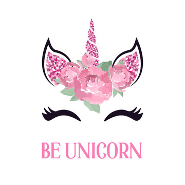 Cute colorful unicorn with flowers.  Vector illustration in a flat style.