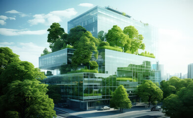 Obraz na płótnie Canvas Sustainable Glass Office Building with Tree [Created with Generative AI Technology]