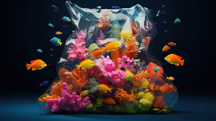 A fish trapped in a plastic bag under the sea. Generative ai