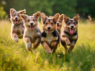 In this heartwarming image, a group of lively and energetic puppy babies frolic in a lush green meadow.