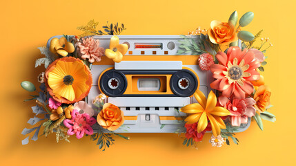 Illustration of retro music cassette covered with flowers. Generative ai