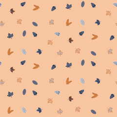Seamless pattern with gray, dark blue, orange cones, fir twigs and leaves on a light orange background, autumn vector children's digital illustration.