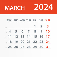 March 2024 Calendar Leaf - Vector Illustration. Week starts on Monday
