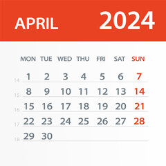 April 2024 Calendar Leaf - Vector Illustration. Week starts on Monday