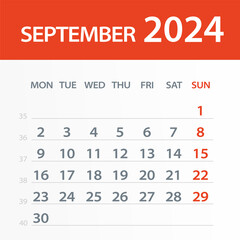 September 2024 Calendar Leaf - Vector Illustration. Week starts on Monday