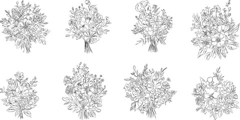 Minimalist black and white collection vintage, hand-drawn flowers in contemporary line art ink, creating a retro timeless bundle shapes doodle design elements. Exotic jungle leaves and plants