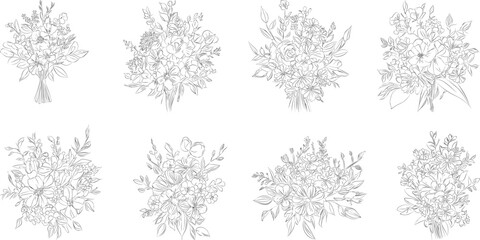 Flower bouquet, Minimalist black and white collection vintage, hand-drawn flowers in contemporary line art ink, creating a retro timeless bundle shapes doodle design element.