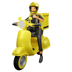 PNG render of 3d delivery woman on a motorbike  with a thumb up