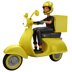 PNG render of a 3D render of a delivery woman riding a motorcycle
