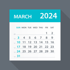 March 2024 Calendar Green Leaf - Vector Illustration