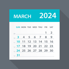 March 2024 Calendar Green Leaf - Vector Illustration