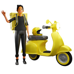 a 3d render PNG of a delivery woman standing next to her motorcycle and waving