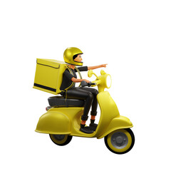 3d render PNG of a delivery woman on a motorcycle riding while pointing ahead