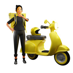 3d render of a PNG, delivery woman standing next to a motorbike and thinking