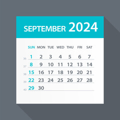 September 2024 Calendar Green Leaf - Vector Illustration