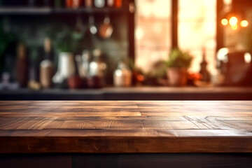Wooden texture table top on blurred kitchen interior background. Epmty template for product display. Generative Ai