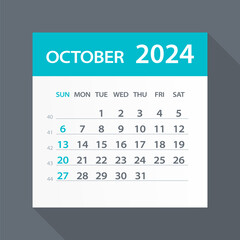 October 2024 Calendar Green Leaf - Vector Illustration