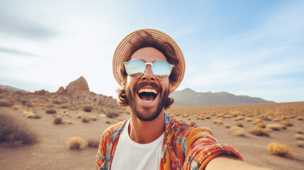Handsome young influencer man taking selfie picture outside - Happy guy in the mountains. Generative AI