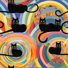 Black Cat Pattern Colorful Cute Geometric Shapes