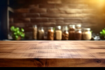 Obraz na płótnie Canvas Wooden texture table top on blurred kitchen interior background. Epmty template for product display. Generative Ai