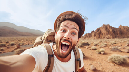 Handsome young influencer man taking selfie picture outside - Happy guy in the mountains. Generative AI