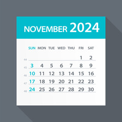 November 2024 Calendar Green Leaf - Vector Illustration