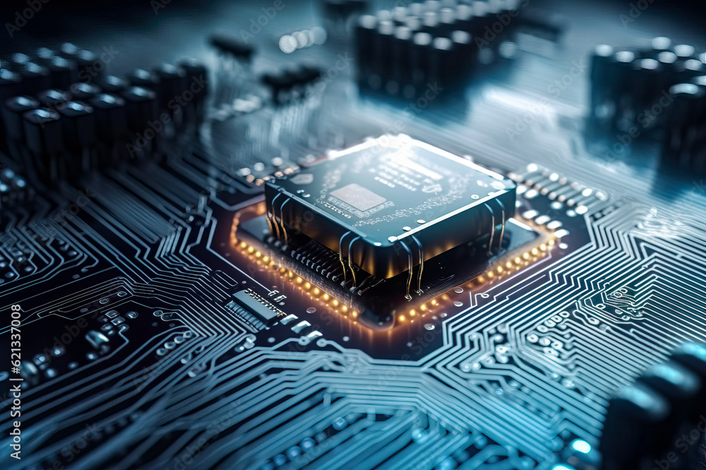 Poster close-up of a microchip circuit board with neon lights in detail. electronic circuit board close-up.