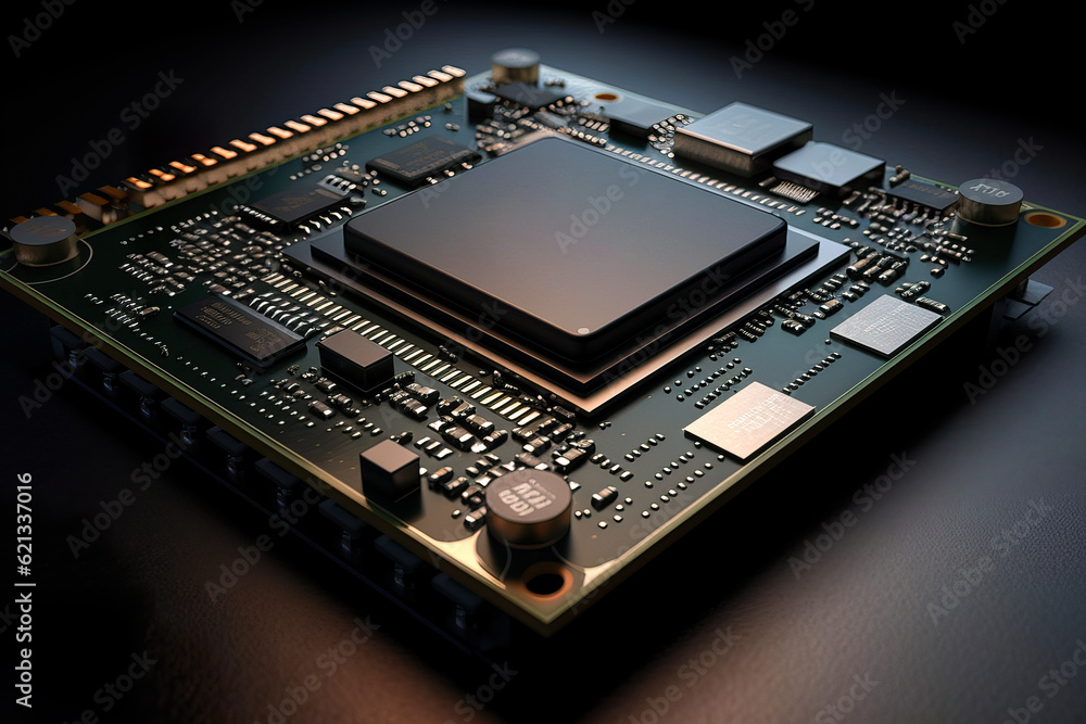 Poster close-up view of a modern gpu card with circuit. generative ai