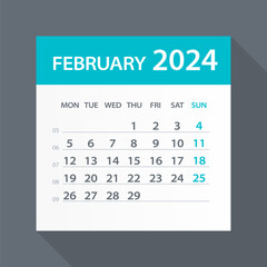 February 2024 Calendar Green Leaf - Vector Illustration. Week starts on Monday