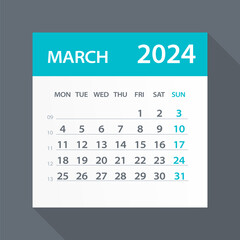 March 2024 Calendar Green Leaf - Vector Illustration. Week starts on Monday