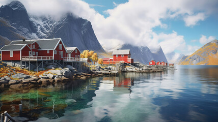 View of the mountains reine island from the top of reinebringen, norway. Generative ai