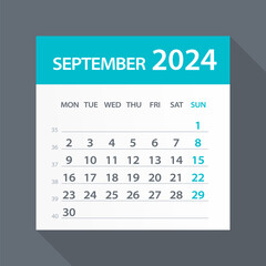 September 2024 Calendar Green Leaf - Vector Illustration. Week starts on Monday