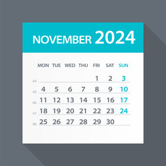 November 2024 Calendar Green Leaf - Vector Illustration. Week starts on Monday