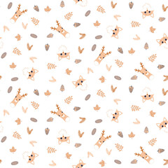 Autumn seamless patern with fox, deer, twigs with leaves and fir branches, cones and autumn orange leaves on a white background, vector digital illustration.