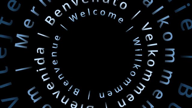 Welcome words in different european languages like swedish czech danish turkish german portugues spanish rumanian frensh and polish multi-lingual word circles spinning around copy space date or logo