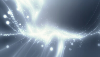 Obraz premium An abstract background featuring glowing white light streaks and sparkling silver bokeh particles flowing dynamically across a dark grey atmosphere, creating a sense of magical energy.