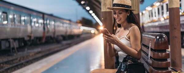 Naklejka na ściany i meble Cheerful young Hispanic Brunette woman sitting on bench on station platform using phone