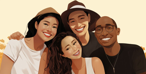 four diverse people together smiling, in the style of rough-edged 2d animation, connection, feminine sticker art