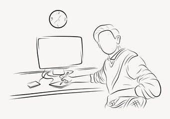 graphic designer working on a computer line art illustration