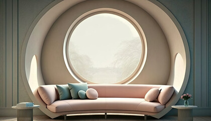 Sofa in vintage interior against round window. AI generated