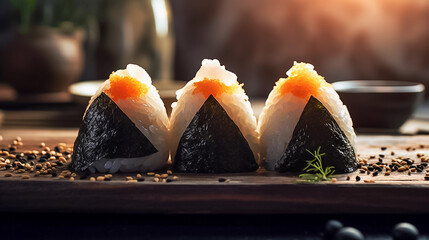Traditional japanese rice balls or onigiri on a wooden table. Closeup photography. Generative AI