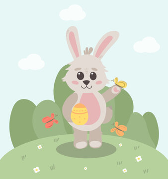 Сute Easter bunny rabbits and Easter eggs vector illustration