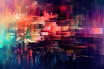 minimalistic abstract background with vibrant digital glitches and pixelated elements, embodying the aesthetic of technological disruption and innovation